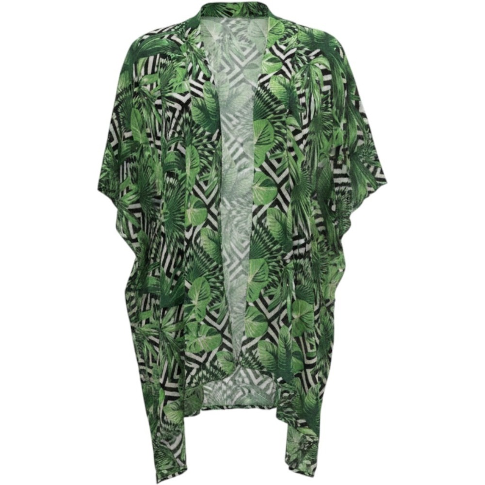 Macchia Di‎ Ruggine Viscose Kimono Cover Up OS Green Tropical Leaf Print